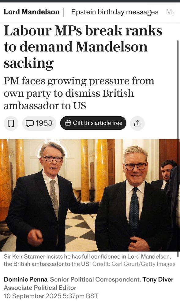 Screenshot of the telegraph story on Mandelson