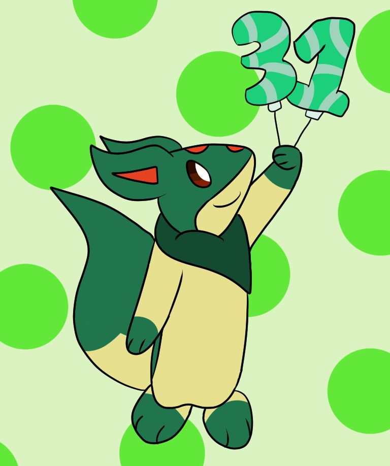 My Quilava sona holding two balloons with my age of 31 and floating in the air. There's a dotted green background.