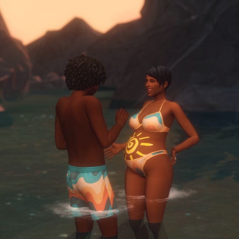 Jarell and Susana are wading in the deep woods lake. Susana had a hand-painted sun on her pregnant belly. Both sims are wearing matching swimsuits with a blue, white, yellow, and orange wave pattern.