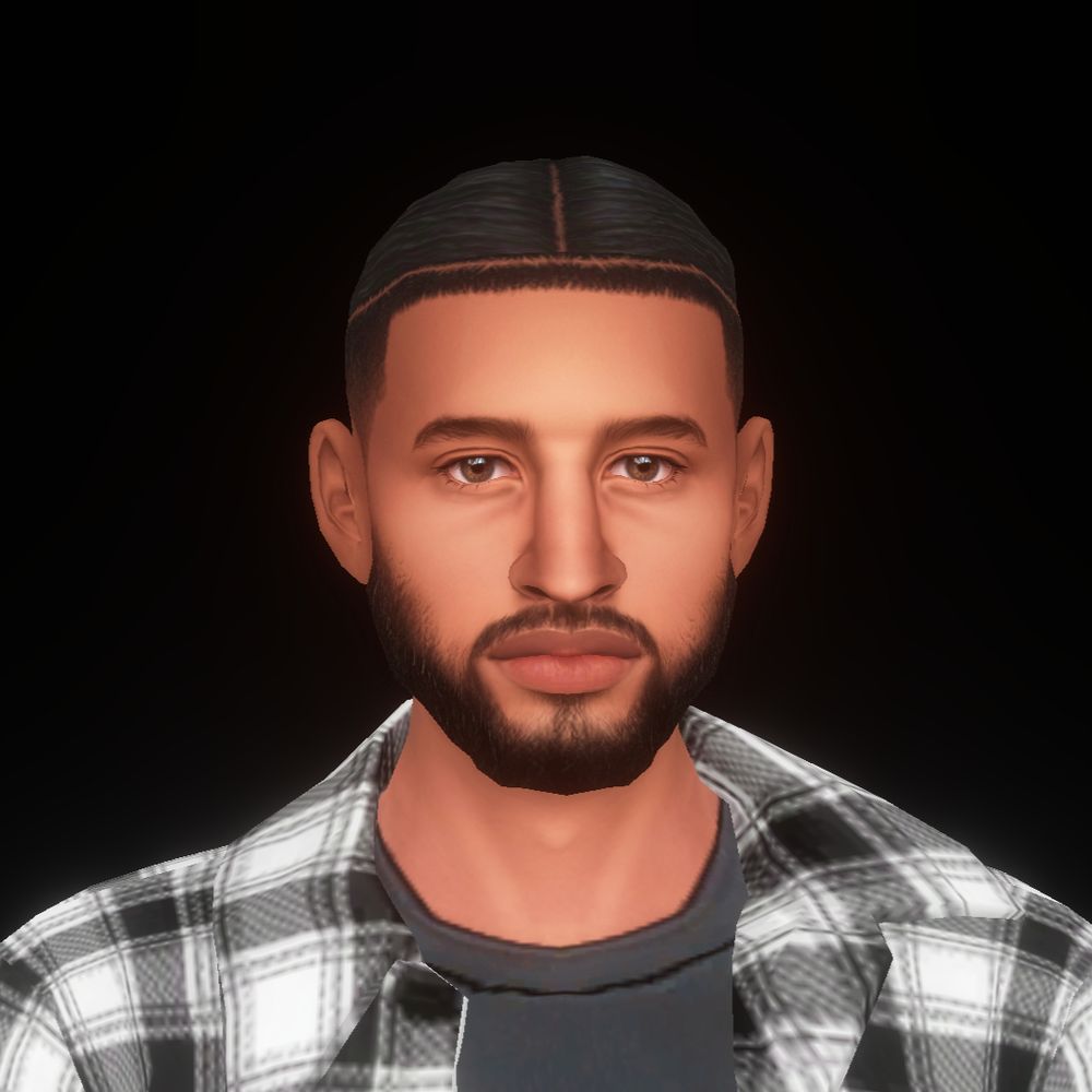 A close up portrait view of Bob Pancakes, an African descent young adult male sim. He has light brown eyes, black hair, a full black beard. He's wearing a black and white open flannel with a black shirt underneath