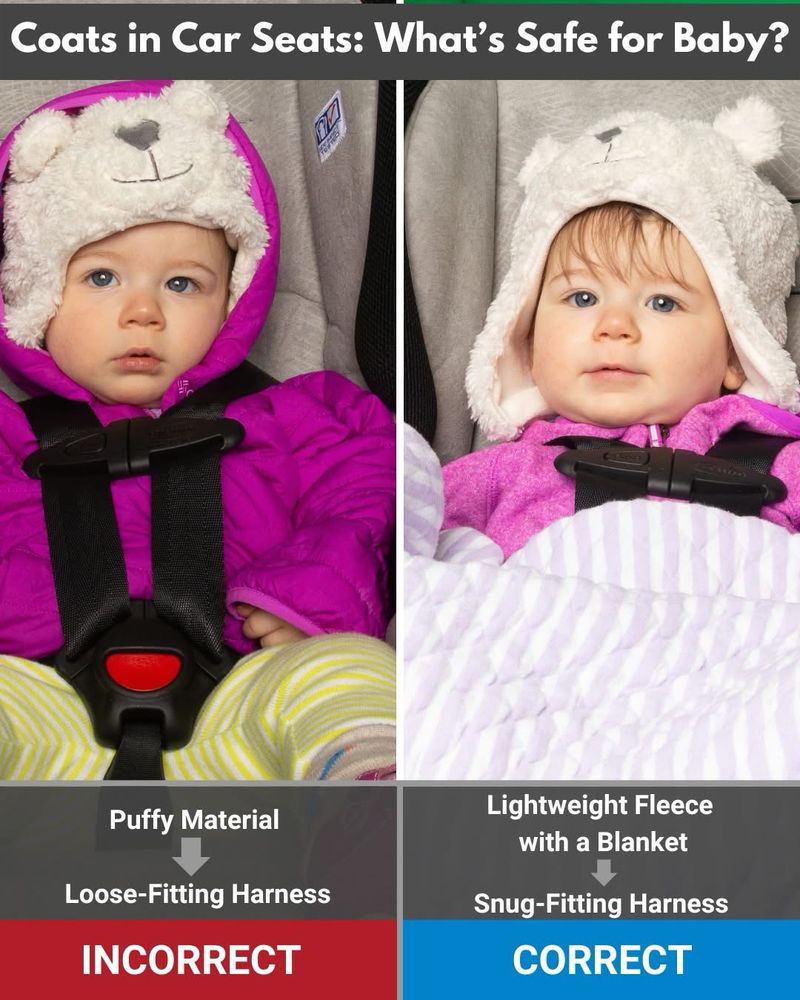 No coats in car seat: what’s safe for baby? On the left is a baby in a puffy coat in a car seat. The caption reads: puffy material, loose fitting harness, incorrect. The right side is a baby in a fleece with a blanket on. The caption reads: lightweight fleece with a blanker, snug-fitting harness, correct.