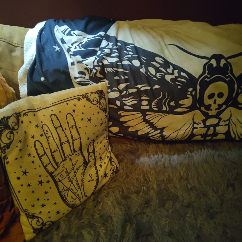 A shaggy grey blanket of a burnt orange couch against a wine red wall tassed with a black and white palmistry pillow and deathmoth throw blanket