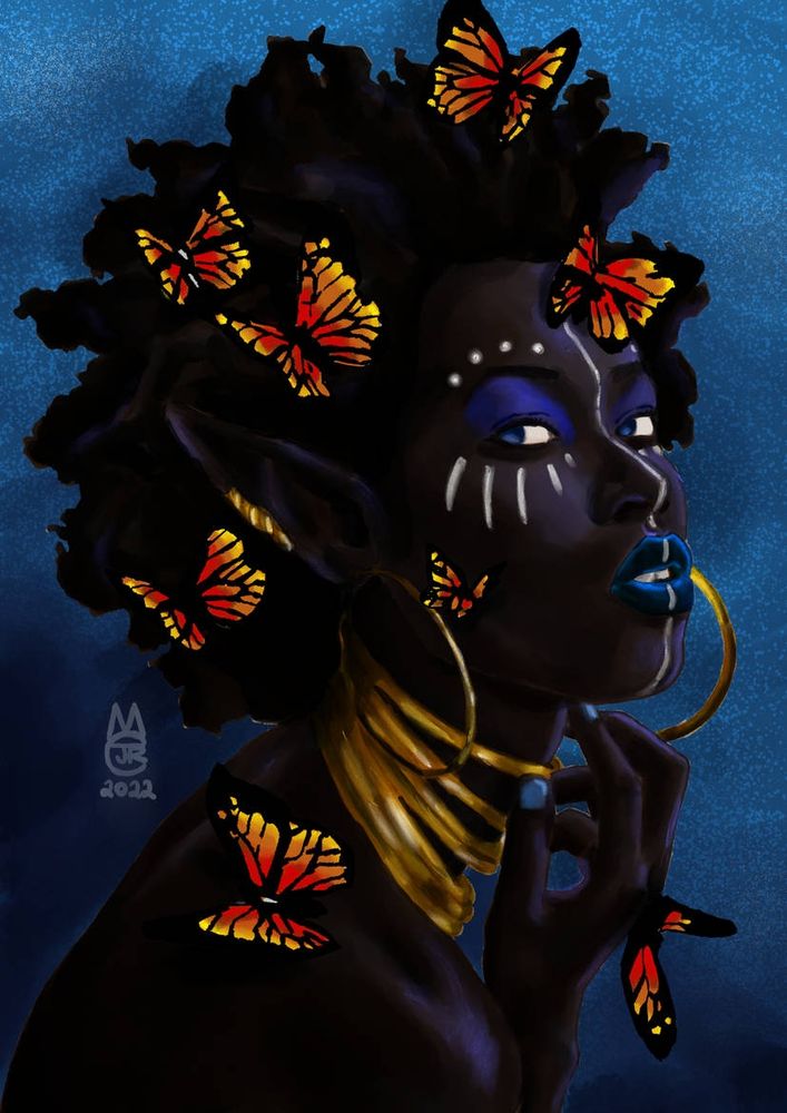 Mikey's description: "Getting back into digitally painted portraits, I wanted to work on a piece that was inspired by "Black Fae Day", Afrofuturism, concept art, and dark portrait photography (primarily involving models with darker complexions). With this piece I wanted to incorporate a bit of a monochromatic color scheme; therefore, the heavy use of blue. However, I wanted to show some contrast with warm colors; nonetheless, I demonstrated that with the gold jewelry (gold, yellow, red, orange). In Addition, I also wanted to showcase the relationship between light to dark which is shown through the darker areas and lighting. Most importantly demonstrating black beauty was the goal and this probably the best portrait I've ever done."