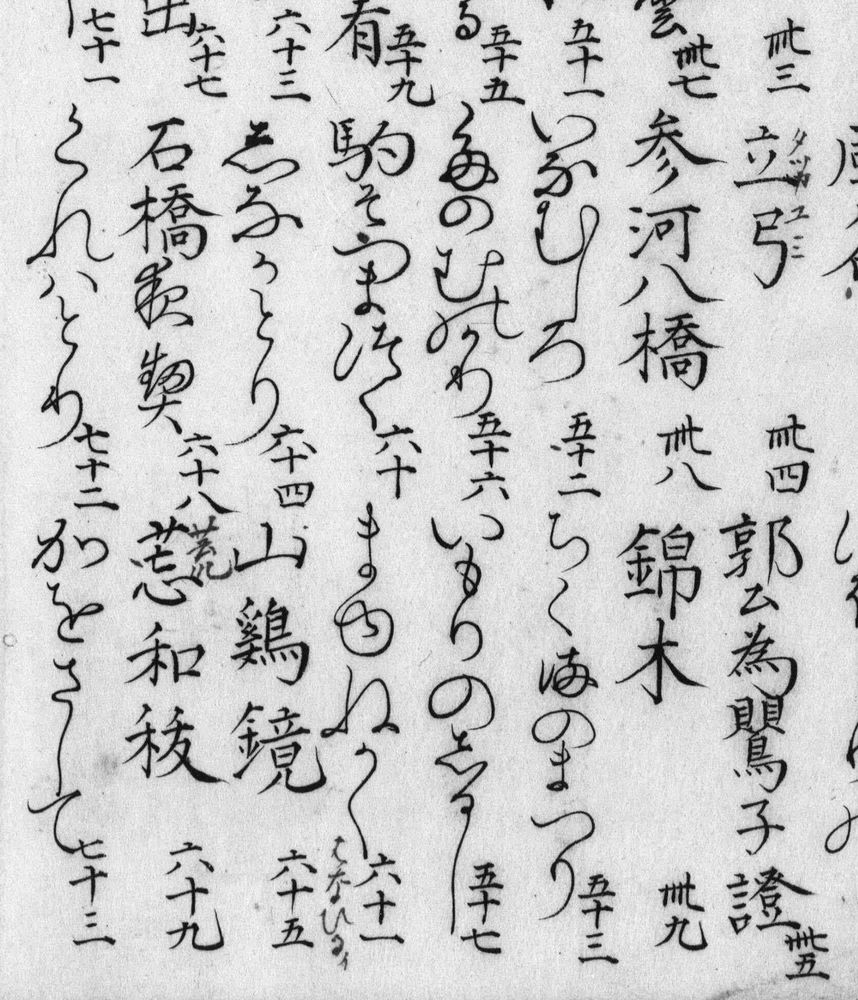 Close up of one section, starting at top right with the number 43, followed below by item 44, Tatsugayumi 立弓 (kanji with katakana gloss), and ending with item 73, Kawosashite かをさして. Item 68, Ishibashi yoru no chigiri 石橋夜契, includes two cursive kanji, but the remainder are in block script; the kana are uniformly richly rounded and fluid.
