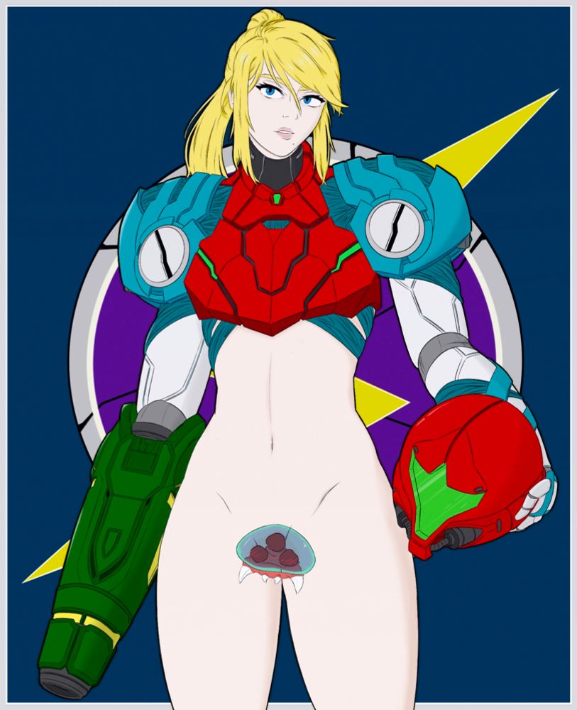 Samus in her Fusion suit from Metroid Dread. A little blushing metroid is conveniently positioned to censor her crotch. 

I got really tired of drawing the armor after doing the upper body on the initial sketch and thought it looked kinda hot, so I just rolled with it (: