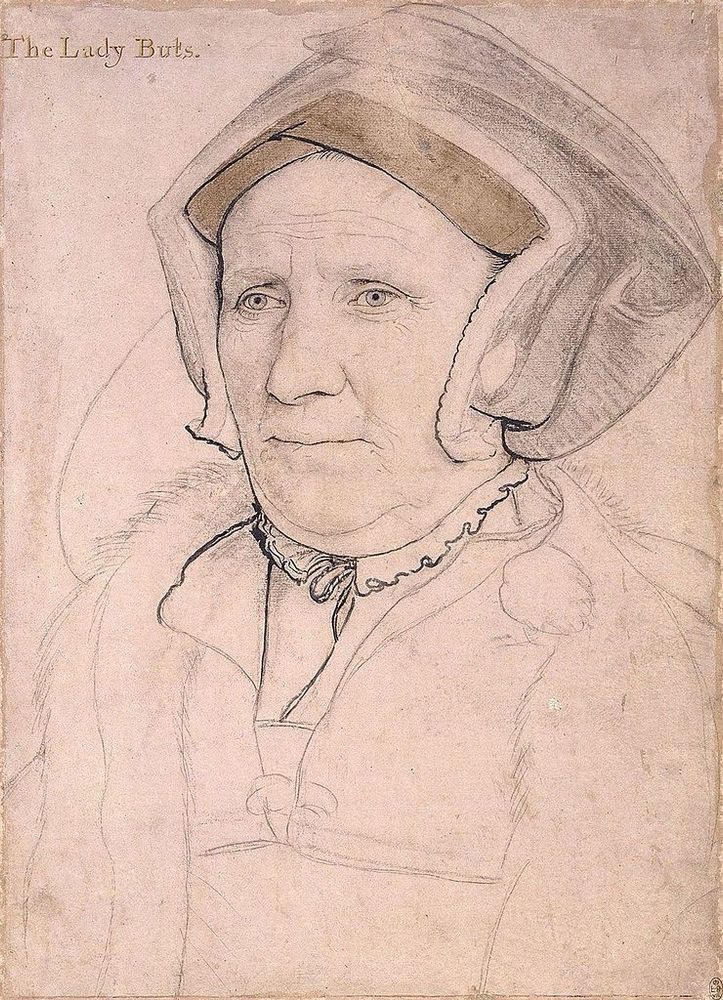 Holbein sketch of a middle aged woman in a gable hood with an expression of restrained pain