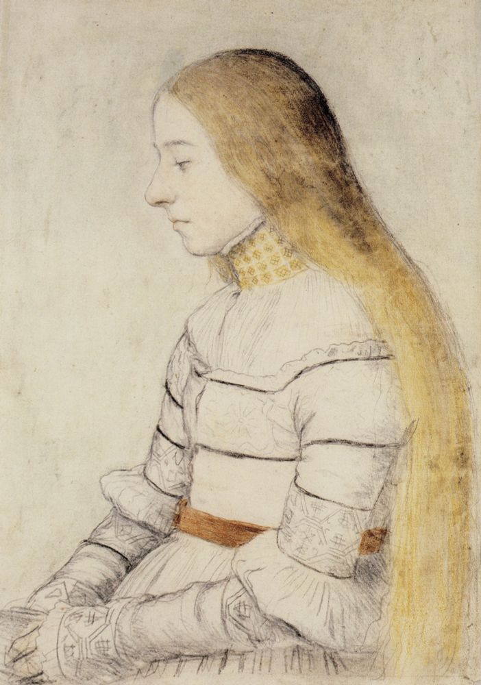Holbein sketch of a girl with long golden hair, looking rather sadly downwards