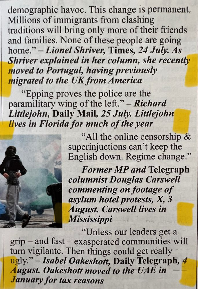 Page from Private Eye quoting Lionel Shriver, Richard Littlejohn, Douglas Carswell & Isabel Oakeshott who all say migration to Britain is terrible - but all live elsewhere 