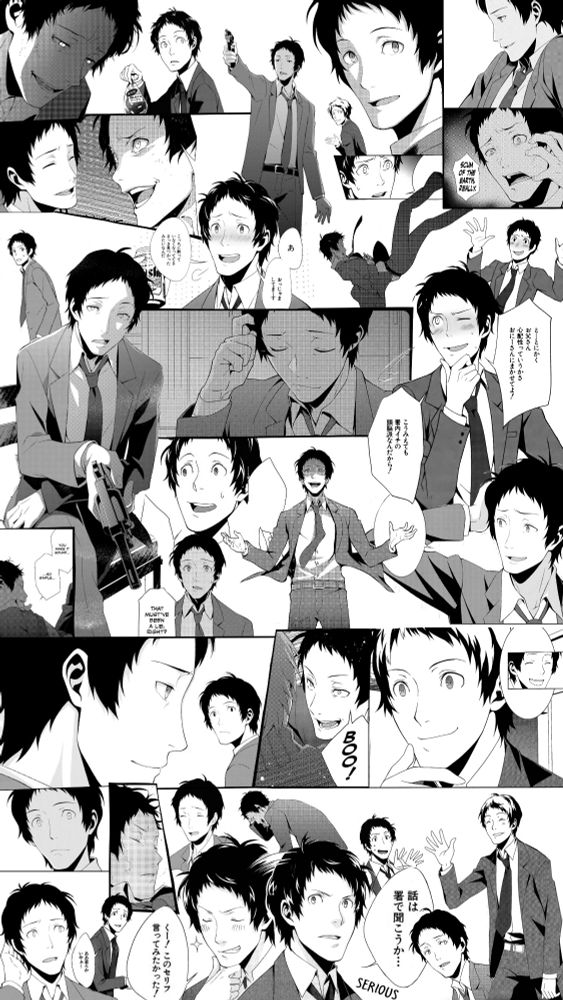 A digital collage depicting Tohru Adachi from Persona 4 in many poses taken from the manga.