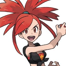 Flannery - Pokémon Emerald. She has her hair up in an explosive ponytail and a big smile, looking determined. Clutched in her hand is a Pokéball.
