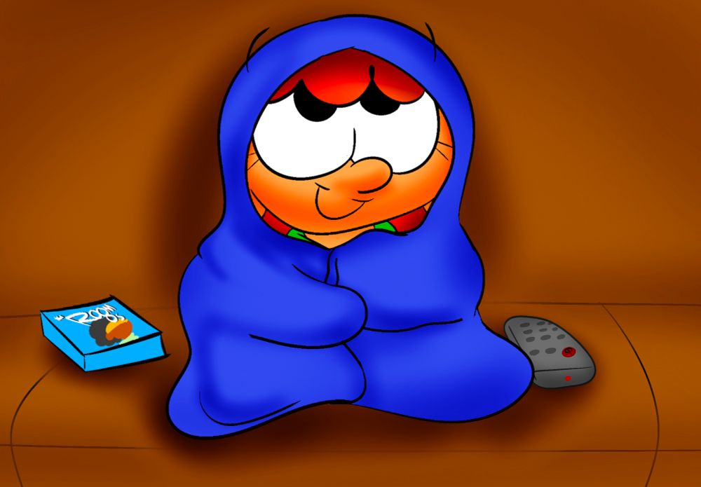 Naomi watching the Room8s, wrapped up in her blanket with her Room8s case and tv remote beside her.
