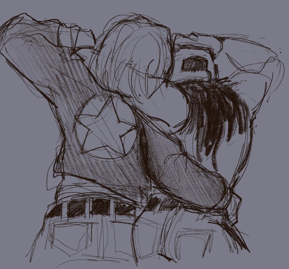 terry bogard and snake with their arms around each other, as seen from behind.