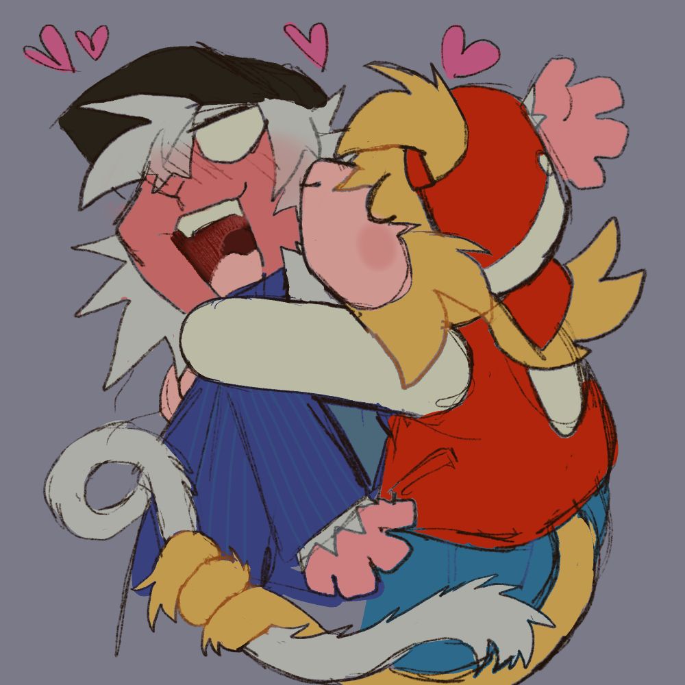 snake and terry as monkeys. terry is giving snake a kiss on the cheek and snake is freaking out.