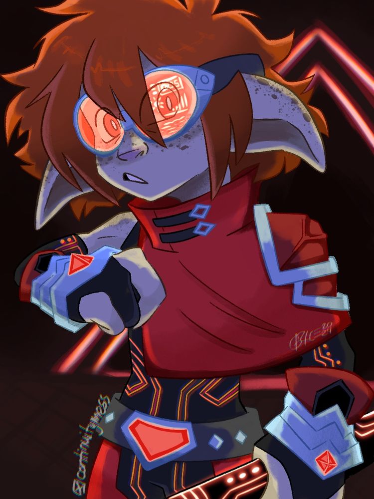 Digital art of my guildwars2 character, Tabby, in an inquest outfit. Ginger hair is messily strewn about. Freckles speckle their ears, face, and shoulders. Their goggles are glowing a light red, one of the lenses has statistics on it. The outfit consists of red, black, and silver. The half shawl only covers to one arm, as the other remains shoulder less. Dark grey body suit with certain lines that grow a light red or orange. The gauntlets and belt have one red gem/piece that glows by itself. Tabby is holding a black staff, with glowy red details.