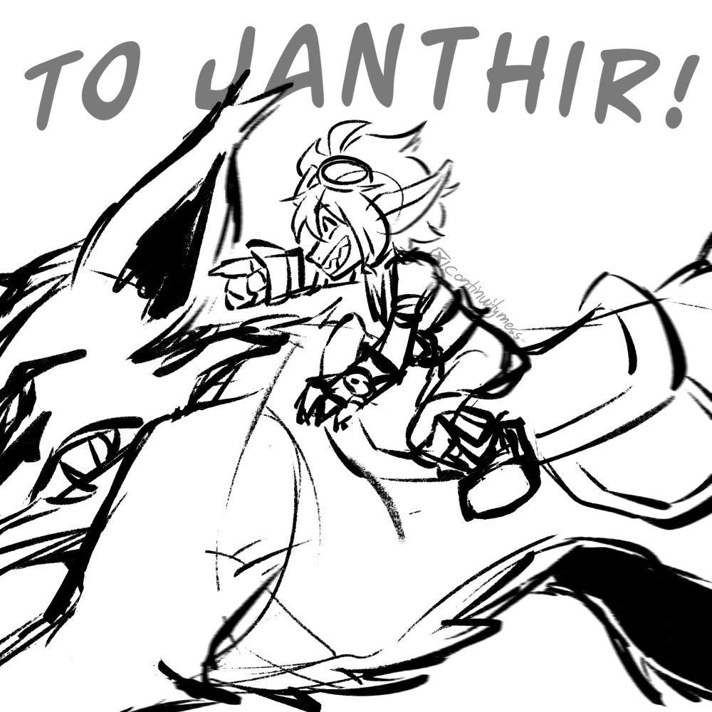 A sketchy drawing of a GuildWars 2 Asura character (Tabby) riding with a saddled Warclaw mount at high speeds. The litter character has an excited expression on their face, as they point forward. Text above reads “To Janthir!”