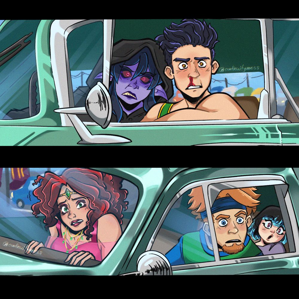 Top half of the image. Goyle, a girl with pointy ears, lavender skin, magenta eyes, dark blue hair, and a dark grey hoodie, is looking past the opened driver window. James, a human boy with hazel eyes that have a small glowy yellow pinprick in his pupils. His black hair messy and pushed back, fair skin, and a green-yellow tank top. His nose is bleeding from using his telekinetic powers. Both of them are looking out the driverseat window in mild distress.
Bottom half of the image: 3 people are sitting in the other passing car. Juliette is visible through the windshield, at the passenger seat. Looking out uncomfortably. She has red-ish brown hair that is curly and tied in a ponytail, green eyes, a golden circlet with an emerald, olive skin, a dark magenta camisole with a light-pink long sleeve mesh shirt. Wyatt, at the driver’s seat, has this incredulous face. Blue eyes, strawberry blonde hair flairing out by a bandana on his forehead, pale, goatee, and a green and blue longsleeve pullover. On the back seats, Kazemi in her human disguise. Taking the form of a 12y/o girl, pearlescent eyes, a short bob of black hair that chances into blue and cyan lines. She has an adorable surprised face as she looks out the window.

All of this is a reference to the Umbrella Academy meme, where Vanya and 5 drive past eachother in shock.