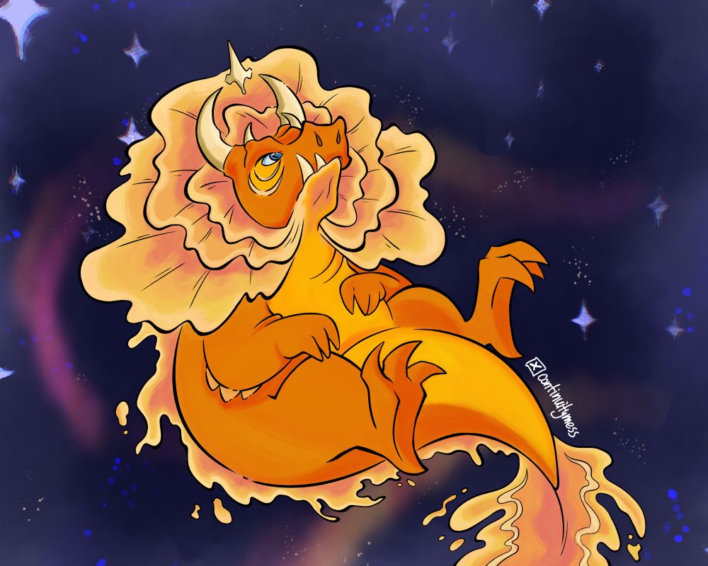 Scattered stars and clouds littered the dark blue space. There’s a chubby dragon in the middle, floating through the stars. 3 frills adorn its head, going from a light pink to orange to yellow. The head has 4 horns that curve upward, with a small piece of bone that is shaped like a diamond. Blue eyes, orange scales and a yellow underbelly. The spine of it has frills that extends to their tail, fanning out. Their legs are short and stubby, all 4 of them are three-clawed. At the tail, the artist handle is written near it. It reads ‘@continuitymess’ .