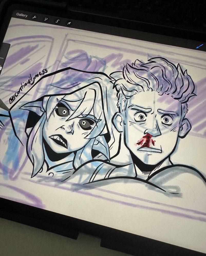 Picture taken by my phone of my tablet screen. Purple and Blue sketch layers have their opacity lowered, making the black ink layer pop out more. Goyle on the left, leaning closer to James’ shoulder, with a furrowed brow expression. Presumably looking at something out the car window. She wears a hoodie that leaves out her ears and hair. James is on the right, bleeding from his nose, also looking shocked at what is out of the car window. His hair is fluffy and brushed back, while his sides are shaved.
