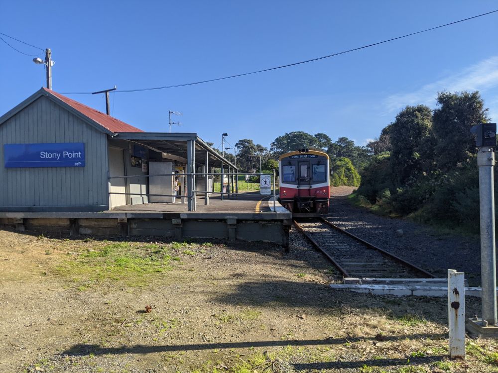 photo taken at the end of the Stony Point line, a diesel only shuttle service from the end of the suburban line to Frankston to Stony Point, primarily for the naval training base nearby. all the trains are provided by V/Line, but it is operated by Metro, and is legally a metropolitan rail service
