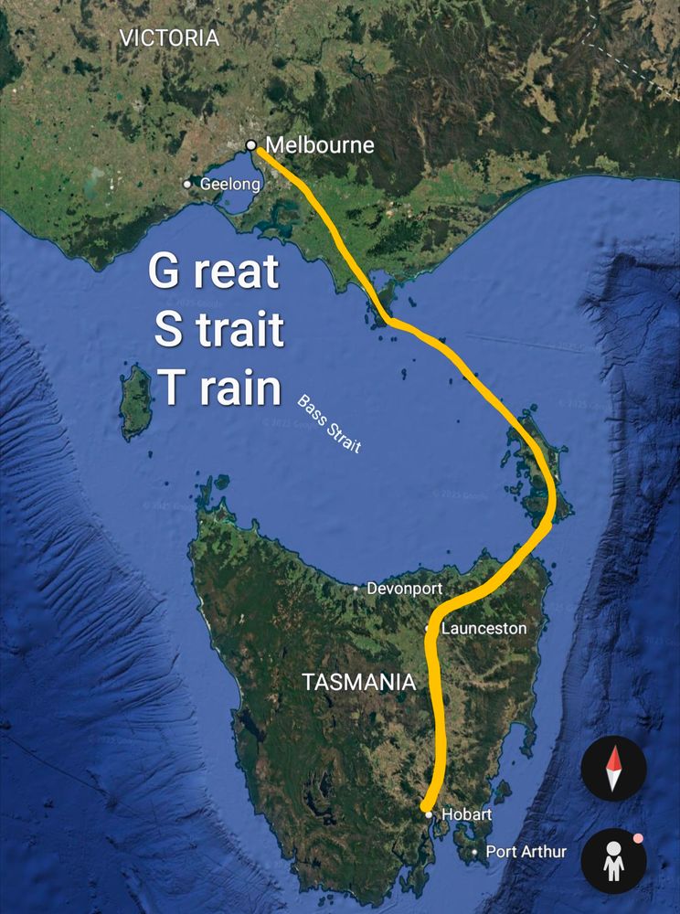 A google earth screenshot of Victoria and Tasmania with a crudely drawn line added on top between Melbourne, Launceston and Hobart, captioned with "Great Strait Train"