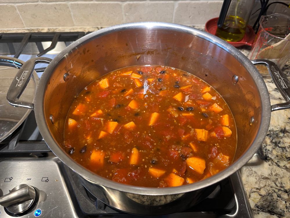 Black Bean sweet potato chili.  It’s a good vegan/vegetarian chili, but other people seemed to like it as well. 