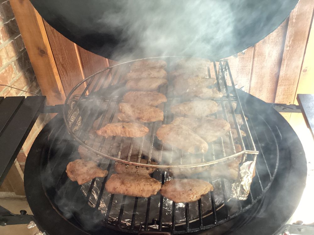 Two layers of wings on the Kamado Joe