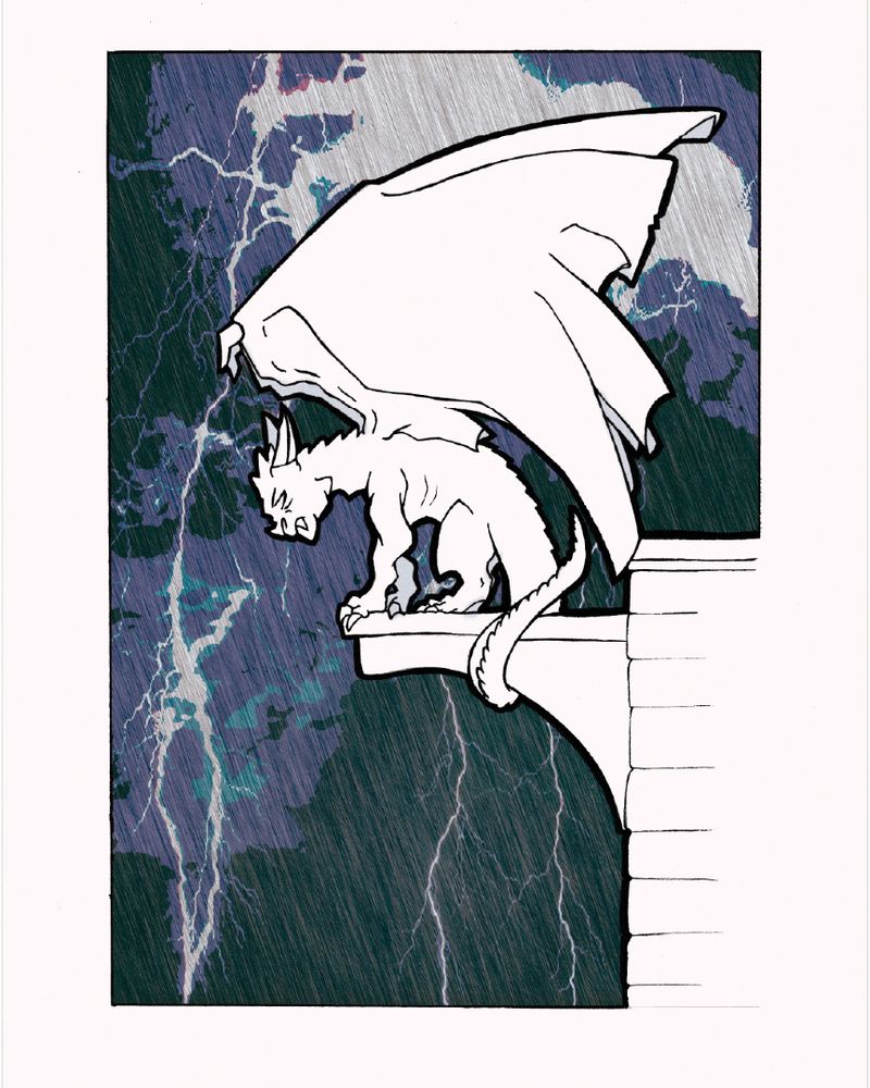 Una gárgola alada de rasgos afilados se posa en el borde de un saliente de piedra, dominando un cielo tormentoso lleno de relámpagos. La imagen está estilizada con líneas atrevidas y un sombreado oscuro y dramático.