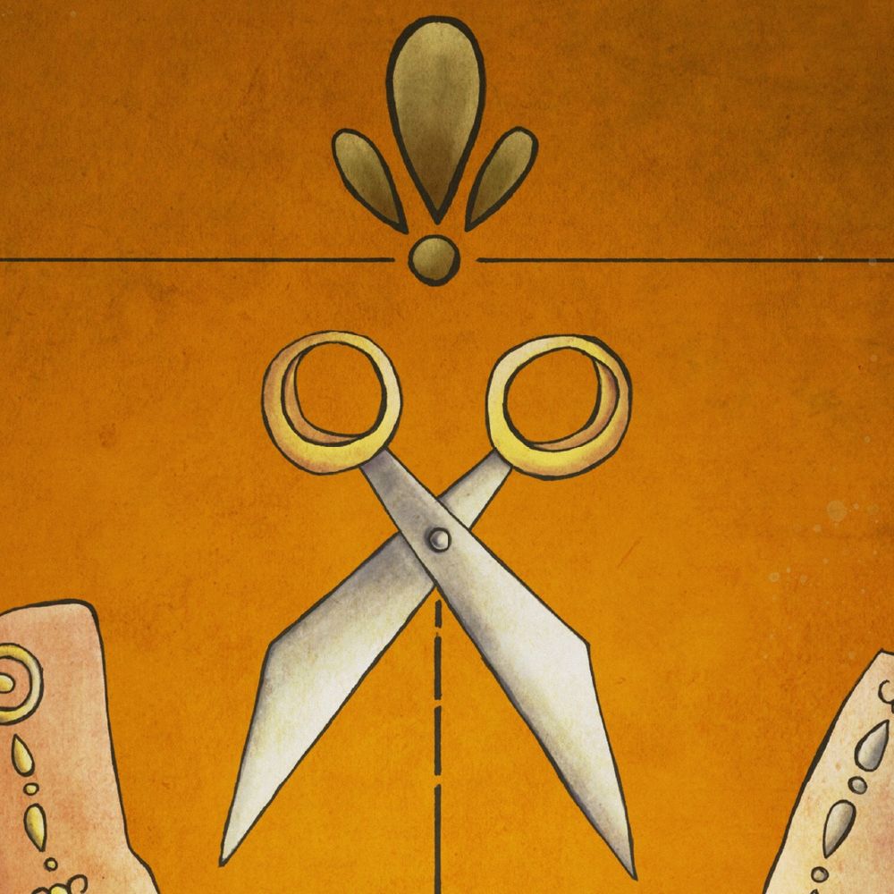 Ilustración de unas tijeras con mangos dorados sobre fondo naranja, abiertas en el centro con una línea discontinua debajo y formas decorativas encima y a los lados.