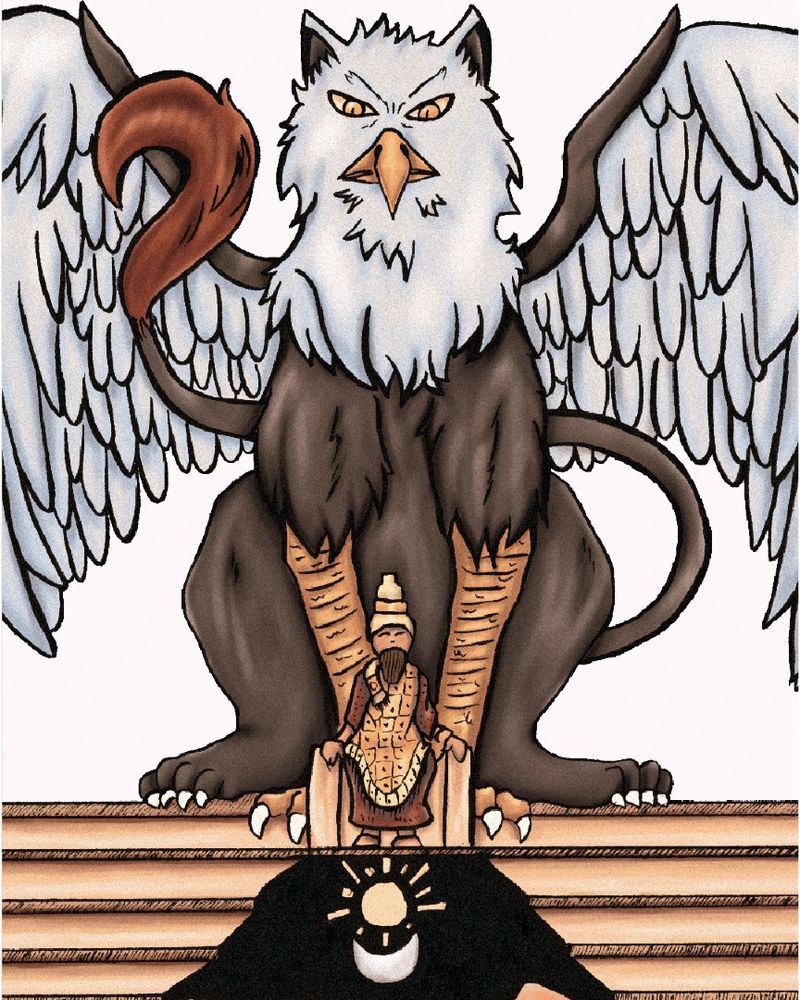 Gran criatura mitológica con cuerpo de león, alas de águila y cabeza blanca vigila, con un pequeño símbolo solar entre las figuras.
