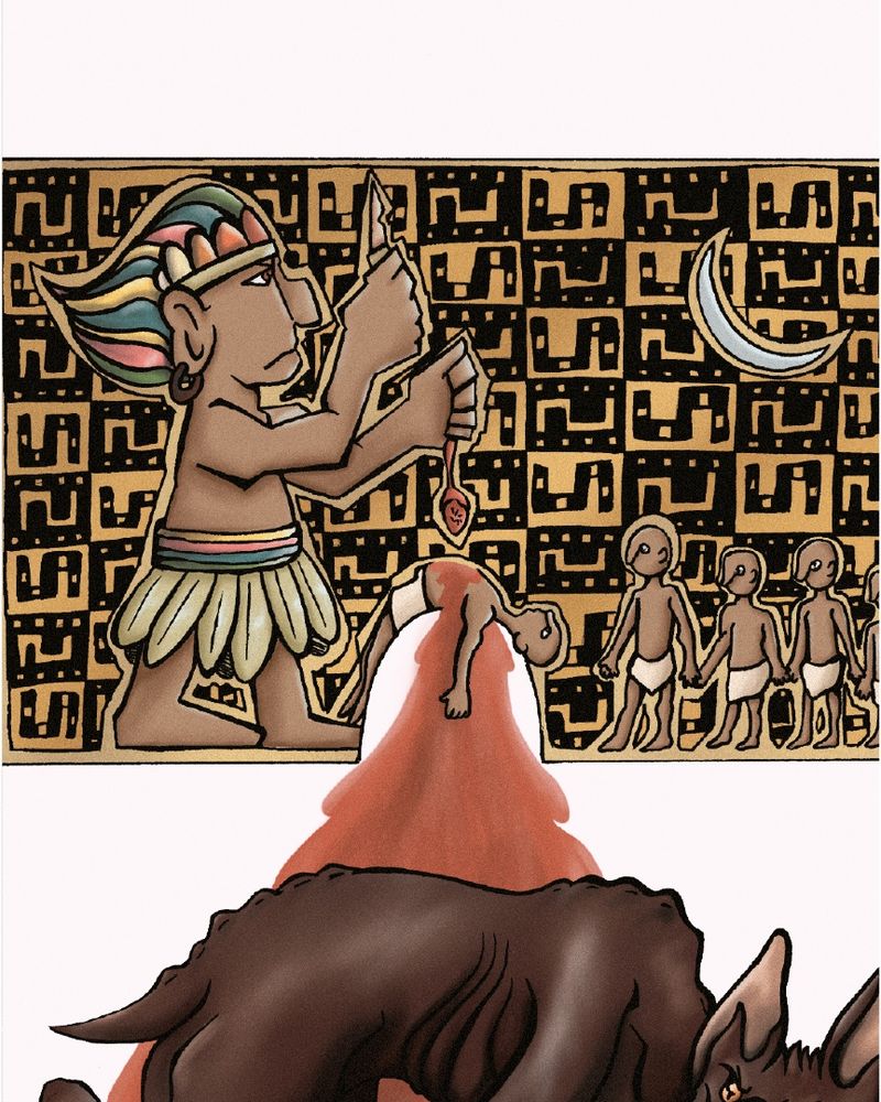 Mural de estilo antiguo representa a una figura cortando a otra persona, con un grupo mirando bajo una luna creciente.