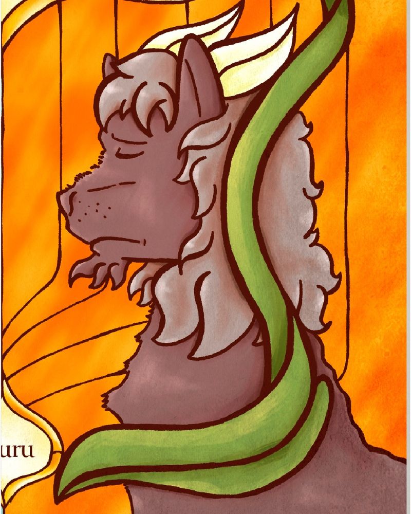 Dibujo estilizado de una criatura gris, parecida a un león, con melena y ojos cerrados, sobre un fondo naranja con elementos verdes y amarillos fluidos.