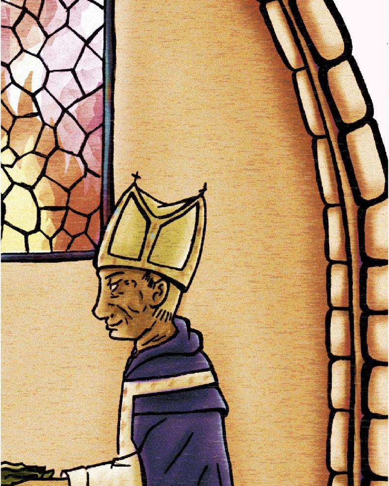 Una figura encapuchada y un obispo se encuentran frente a frente dentro de un arco gótico con una vidriera, mientras el obispo coloca algo en la mano del otro.