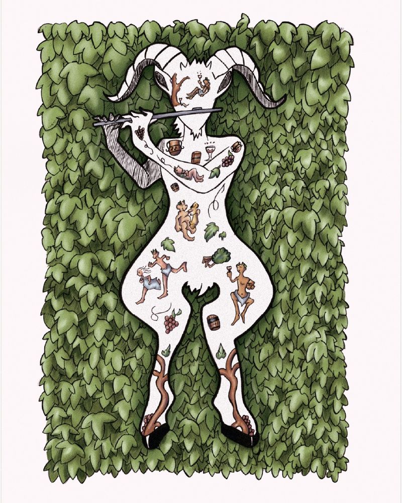 Figura humana con cuernos de cabra tocando una flauta, cubierta de ilustraciones de animales y objetos, rodeada de hojas verdes.