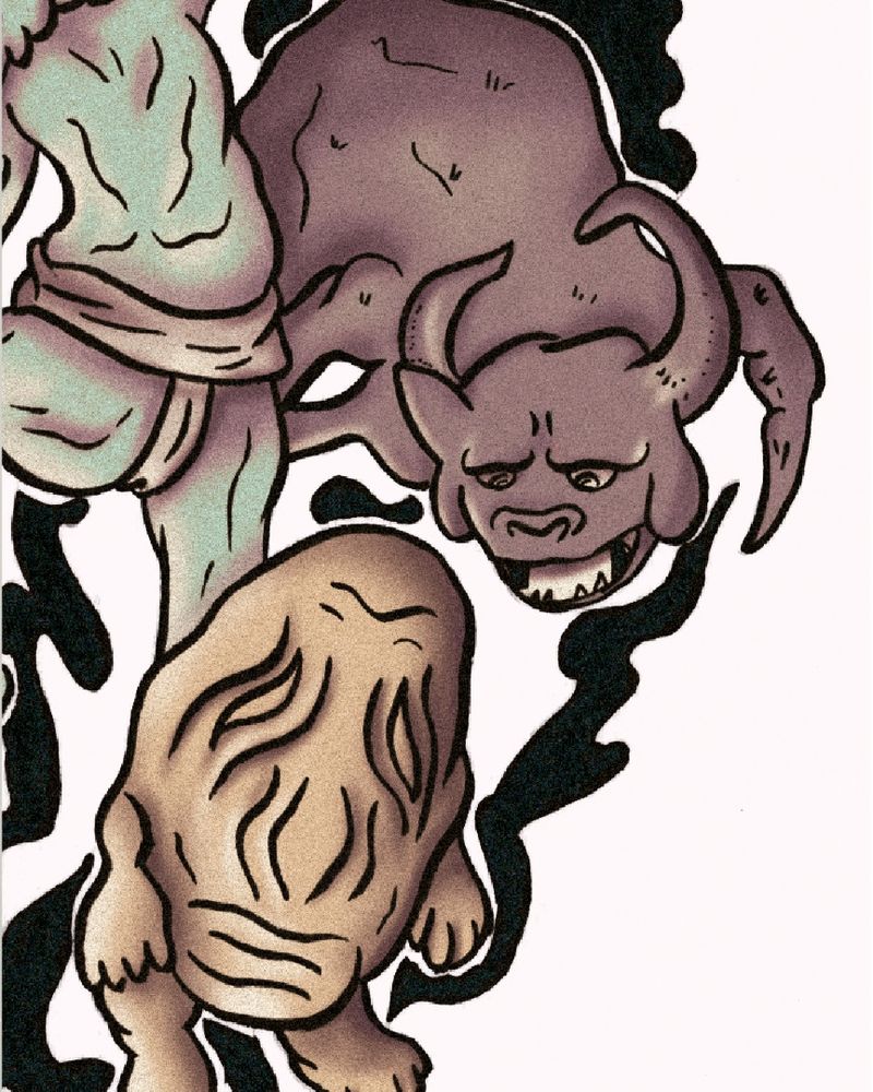 Tres monstruos de dibujos animados: uno verde y musculoso, otro marrón con cuernos y dientes afilados, y otro beige con una cabeza sin rostro y texturizada. Están rodeados de líneas negras onduladas sobre un fondo claro.