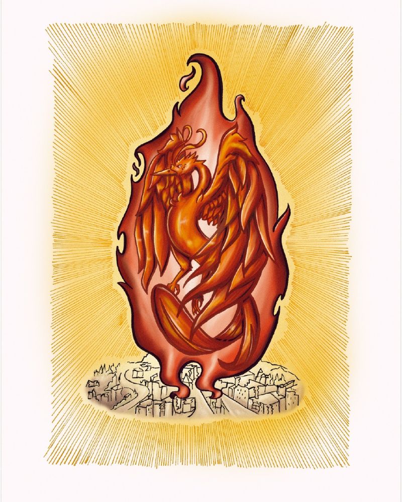 Un fénix de fuego con alas resplandecientes se eleva sobre un paisaje urbano, rodeado de una radiante luz amarilla. El fondo presenta rayos estilizados que emanan hacia el exterior, simbolizando el renacimiento y la energía.