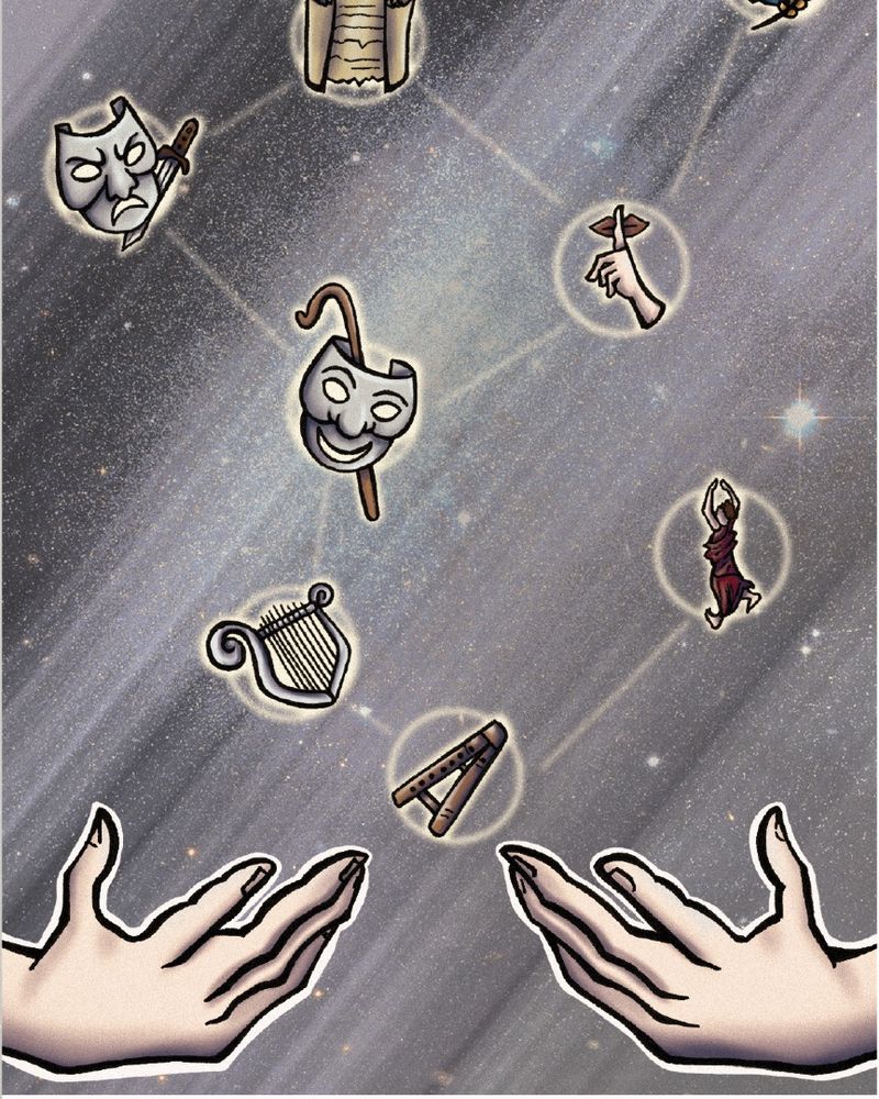 Dos manos abiertas miran hacia arriba bajo símbolos que flotan en el espacio, como un libro, un pergamino, una corona de laurel, máscaras de comedia y tragedia, una lira, un triángulo, una bailarina de ballet y una mano que sostiene una antorcha, todo ello unido por líneas en forma de constelación. 