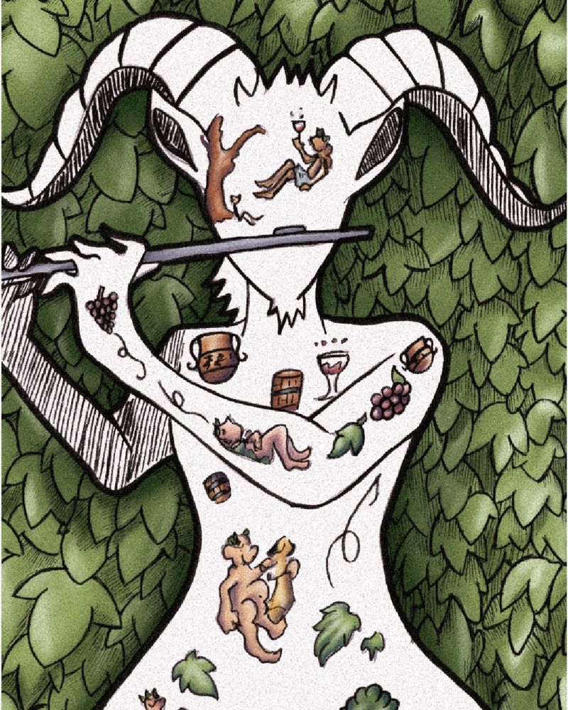 Figura humana con cuernos de cabra tocando una flauta, cubierta de ilustraciones de animales y objetos, rodeada de hojas verdes.