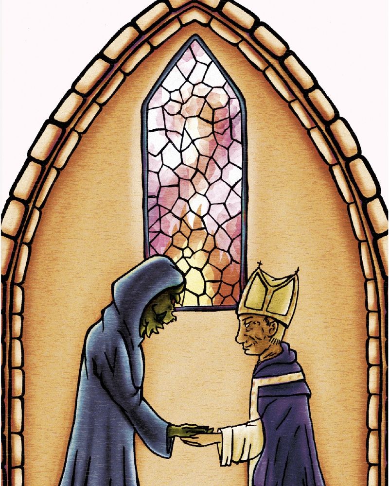 Una figura encapuchada y un obispo se encuentran frente a frente dentro de un arco gótico con una vidriera, mientras el obispo coloca algo en la mano del otro.