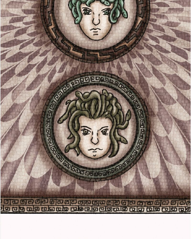 Ilustración ornamentada de tres cabezas de Medusa con serpientes en el pelo, cada una dentro de un marco circular, sobre un fondo estampado y decorativo con bordes geométricos.