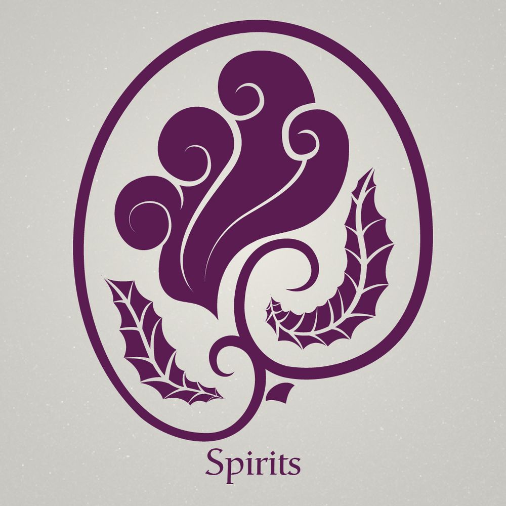 Emblema estilizado de color morado con formas arremolinadas y dos diseños en forma de hoja dentro de un óvalo, sobre la palabra Spirits en texto morado sobre fondo claro.