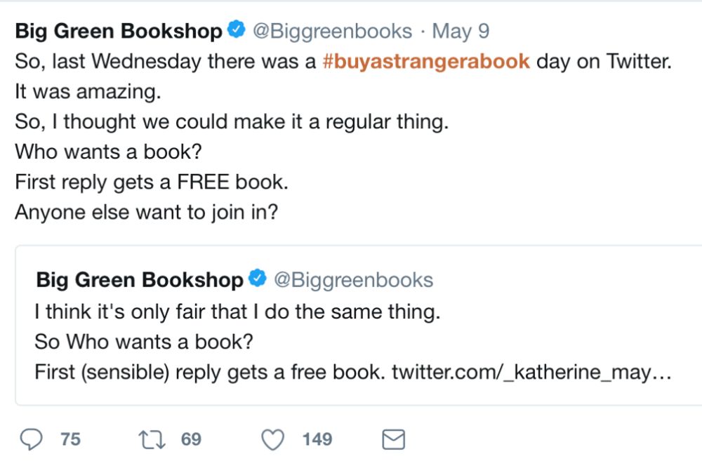 The Big Green Book Shop is letting strangers are buy each other books via Twitter