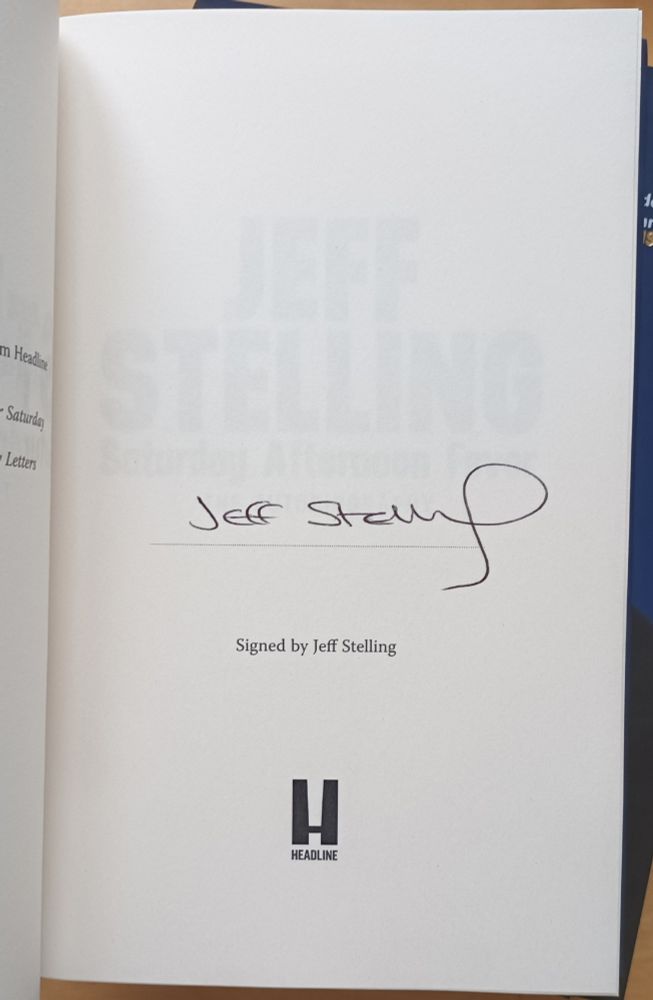 Jeff Stelling's signature inside his memoir. 