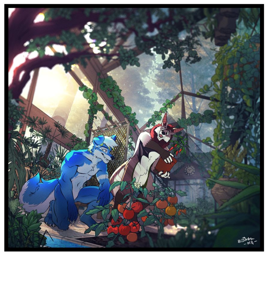 Chiro, a bat otter hybrid, holds a potted pepper while Nazard, a blue and white wolf, kneels to tend a tomato plant. Both are in a greenhouse filled with plants. The sun casts light beams inside