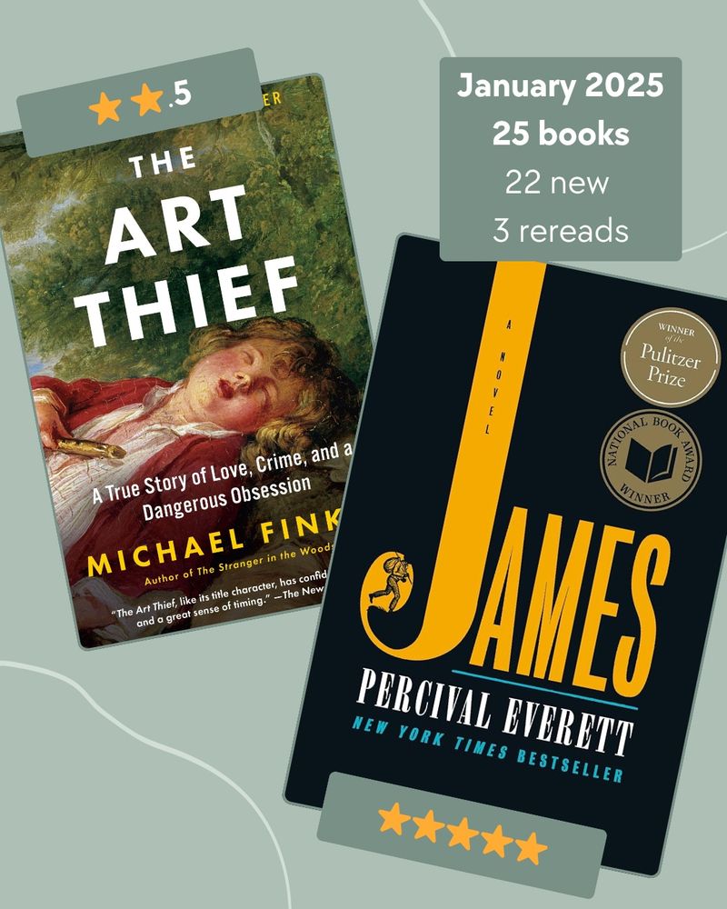 Text: January 2025 - 25 books, 22 new, 3 rereads.
Images: book covers for “the art thief” by Michael Finkel  with a label denoting 2.5 stars and “James” by Percival Everett  with a label denoting 5 stars