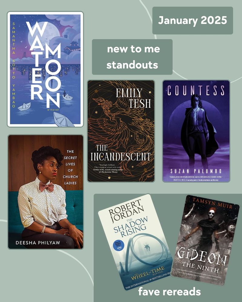 Text: January 2025, new to be standouts 

4 book covers 
“Water Moon” by Samantha Sotto Yambao 
“The Incandescent” by Emily Tesh
“Countess” by Suzan Palumbo
“The Secret Lives of Church Ladies” by Deesha Philyaw

Text: fave rereads
2 book covers “Gideon the Ninth” by Tamsyn Muir and “The Shadow Rising” by Robert Jordan
