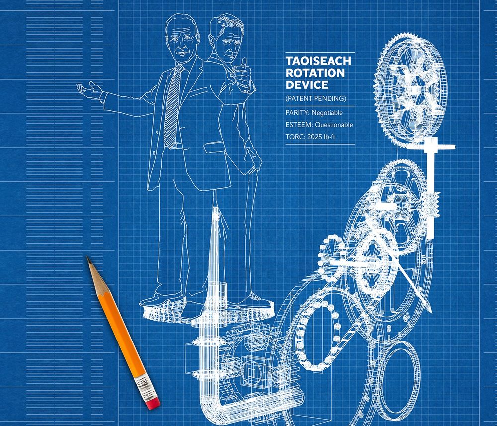 Mocked-up blueprint of a device featuring gears and cogs, purportedly to 'rotate' figures of Micheàl Martin and Simon Harris
