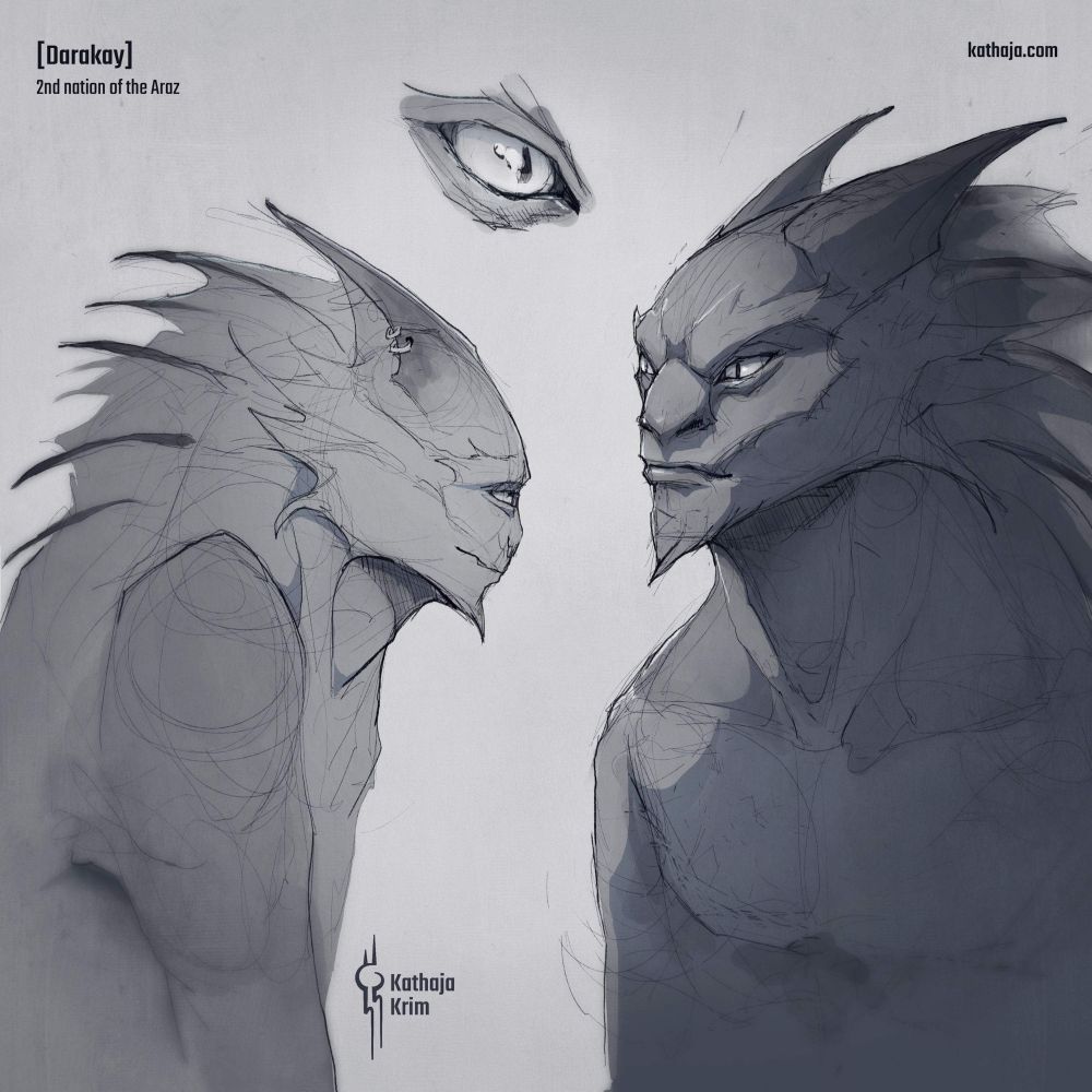 Concept art of a feline alien species, the Darakay. The art shows two half-body drawings of the Darakay, one in 3/4 view and one with the head slightly turned away. They have a broad nose and big pointy ears lying almost flat against their head. Their neck is thick with thick puffy hair and a few long, dark spines sticking out of the hair. An additional drawing shows a close-up of an eye, which is slightly elongated with a dark, cat-like pupil on a silver-white sclera.