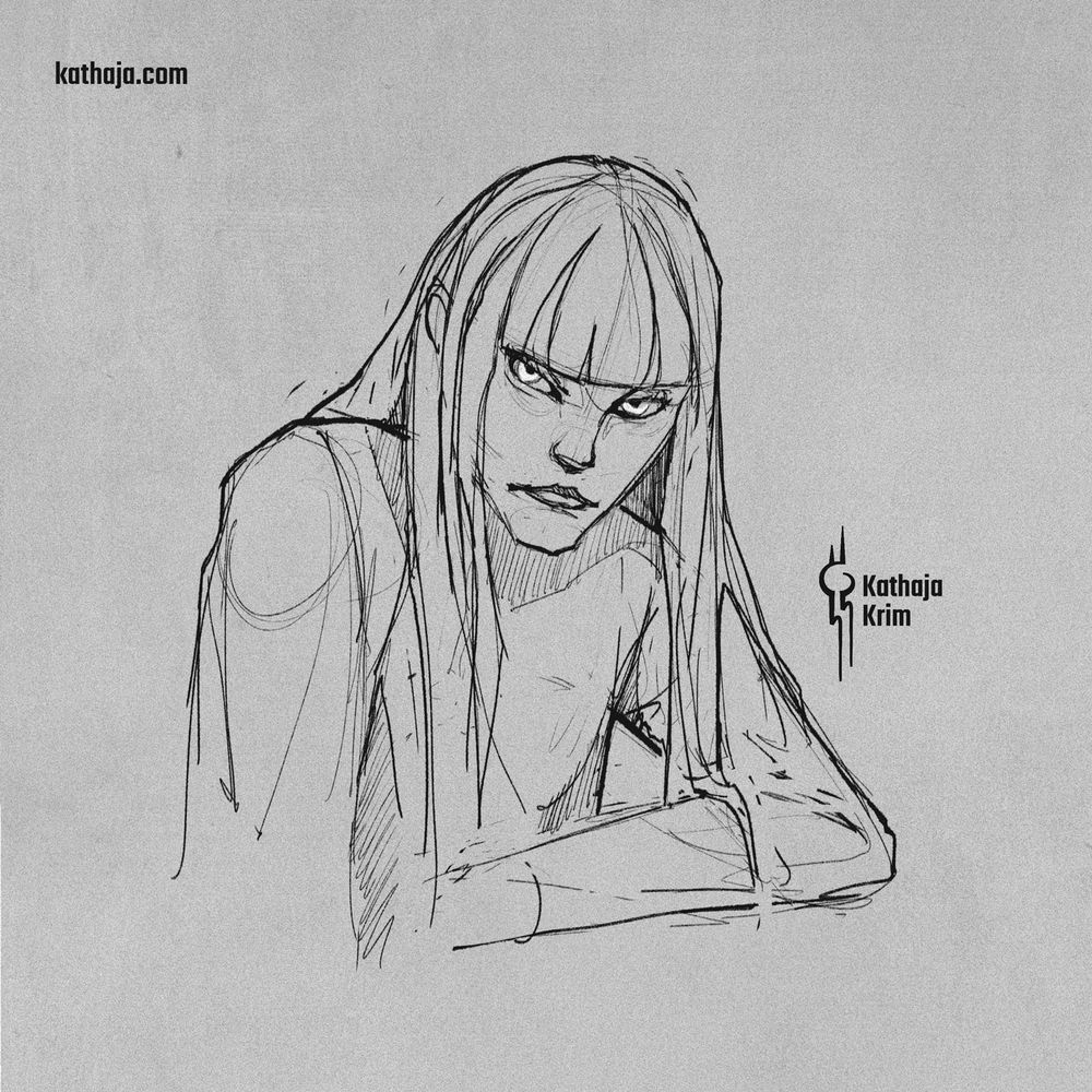 Digital sketch of a human woman (Andris) leaning on something with her elbow. She has long straight hair with bangs. Her head is tilted down slightly, while she glances up with slanted eyes. Her expression looks angry and dangerous.