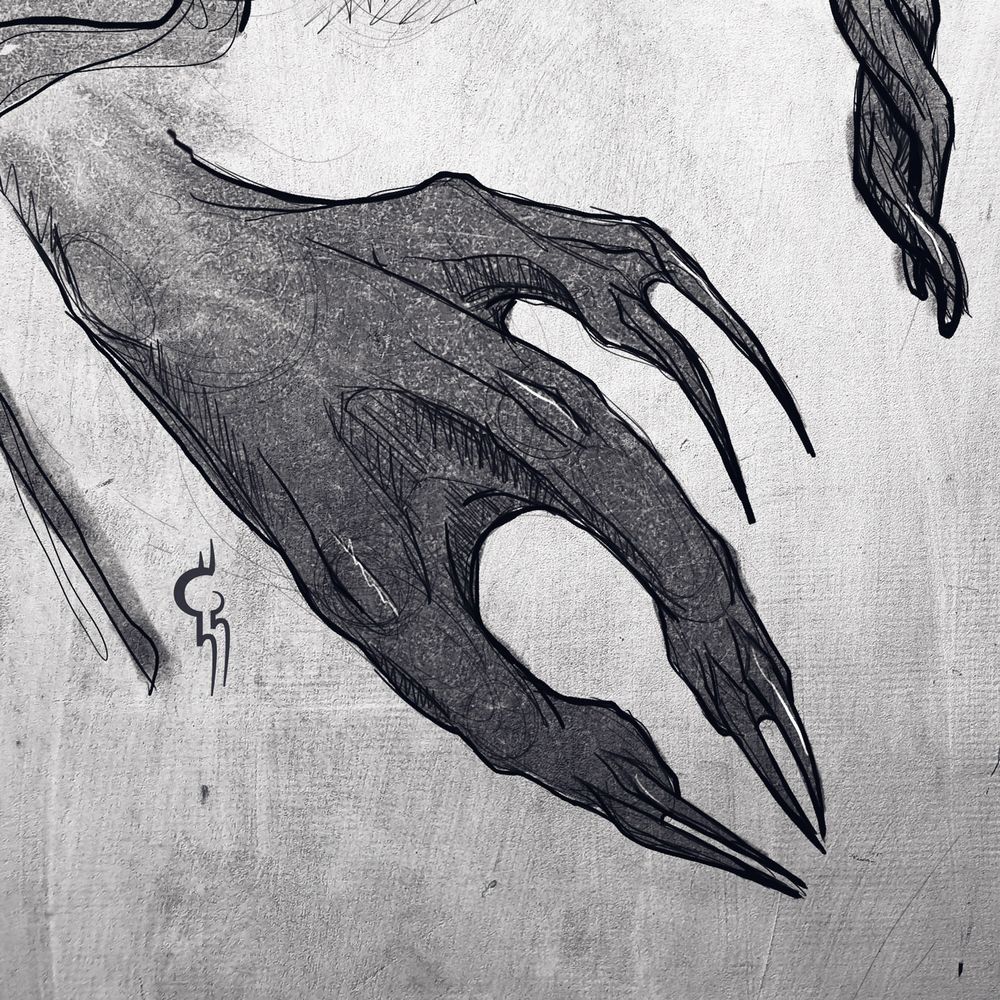 Digital drawing of a hand (species: Vortecc) with three fingers and two black claws per finger. They look a bit like pincers. Art by Kathaja Krim.