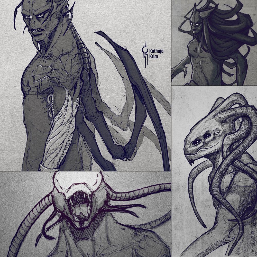 Collage of 4 artworks tinted in muted, dark colors. Each artwork shows a monstrous or monster-adjacent character.

Artwork 1:
Traditional drawing of an alien character, Zhaikes (OC), buffing out his chest and looking over his shoulder. His head is tilted downwards and his face shows an angry expression. He has 4 wing-like extra limbs on his back and 4 feelers on his head.

Artwork 2:
Traditional drawing of a monstrous character, a Var'U'San (species). The character screams into the camera, with thick bendy tendrils flying around their face.

Artwork 3:
Digital drawing of a cat-like character, an Arka (species). He has long hair which flows around him. His eyes are white without pupils.

Artwork 4:
Digital drawing of a reptilian character, a Vortecc (species), with an elongated face and bendy tendrils on their head. They have 6 eyes, 3 on each side.